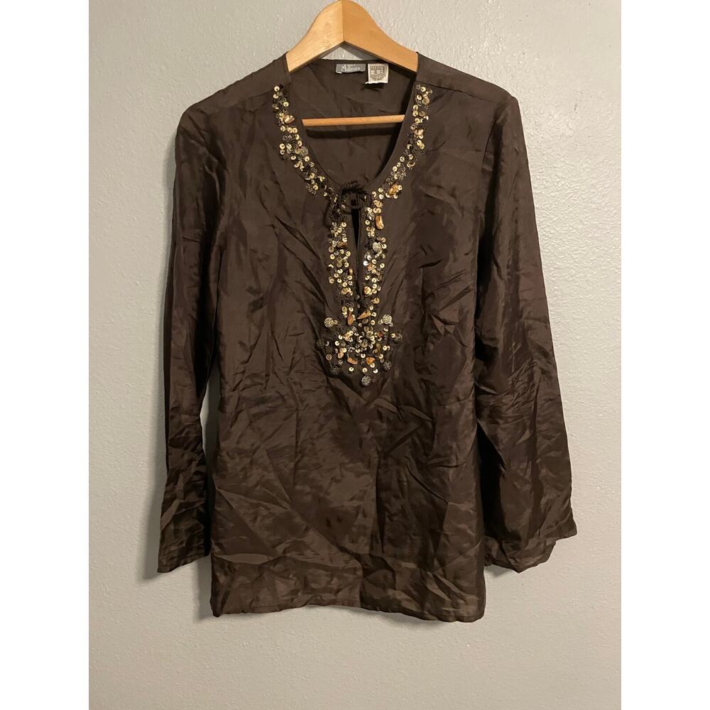 Womens Tunic Top Size 12 Brown Silk Satin Sequin Beaded Peasant Boho Artsy
